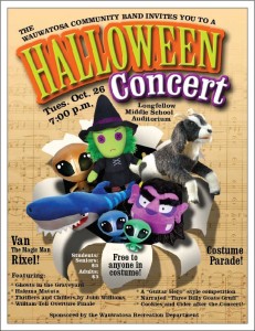 Concert poster featuring aliens, witches, a dog, and shark busting through sheet music.