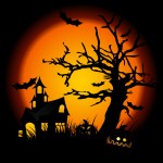 A haunted house, jack-o-lanters, and a tree missing its leaves all presented in front of a giant shadowy sunset.