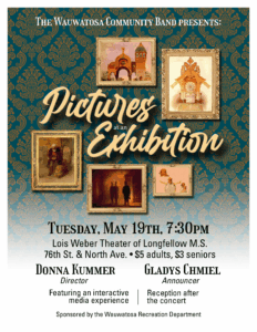 Promotional flyer for The Wauwatosa Community Band Spring Concert featuring Pictures at an Exhibition. May 19th, 2026 at 7:30pm at Longfellow Middle School in Wauwatosa, WI